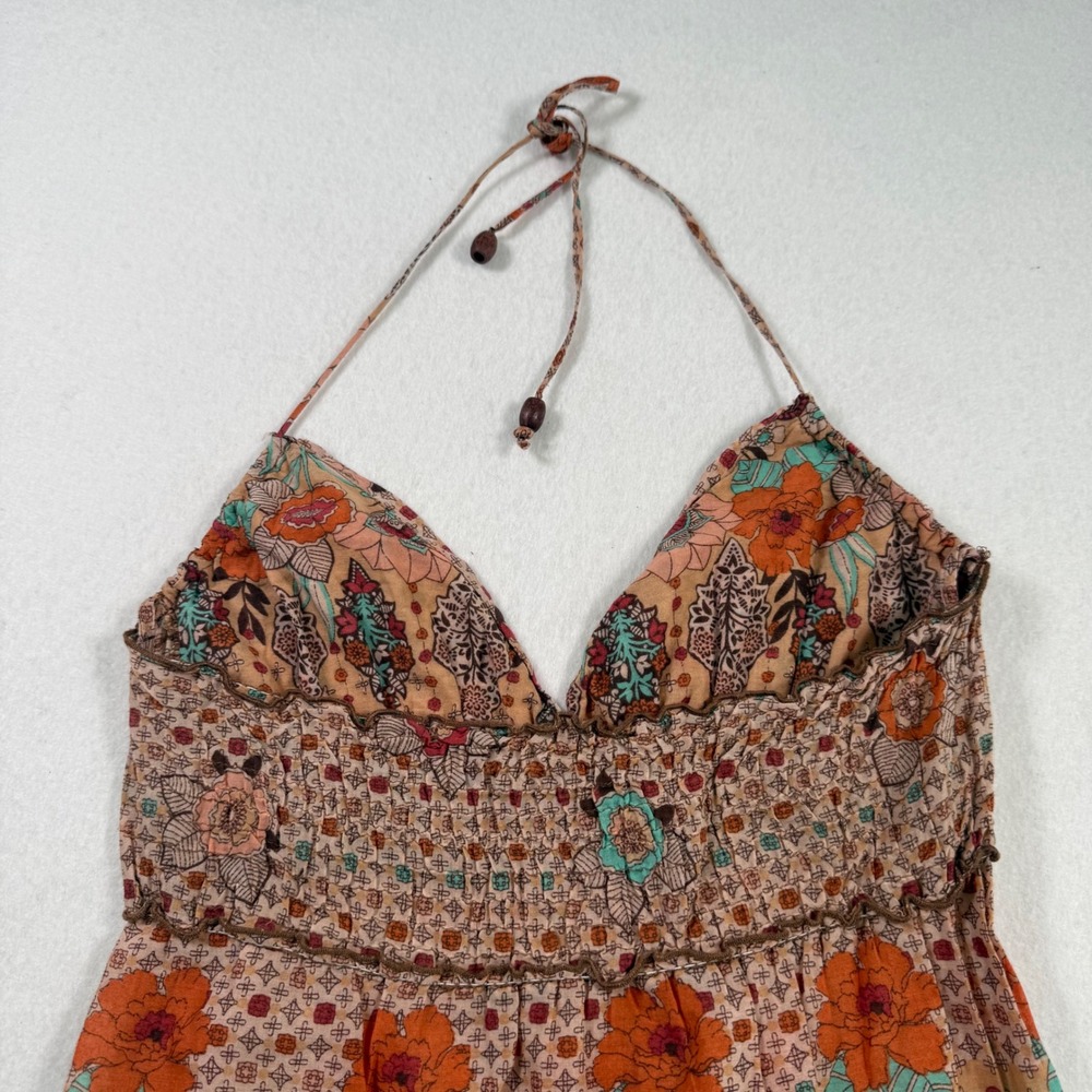 Y2K Bershka Orange Floral Paisley Halter Top Smocked Cotton Boho Womens Medium - Picture 6 of 9